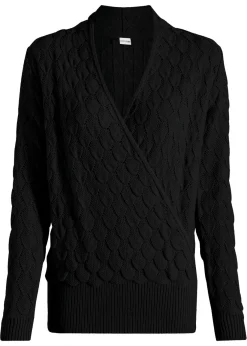 bonprix bonprix Jersey de punto ajour con aspecto cruzado Negro Clearance