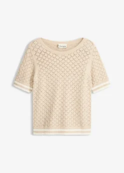 bonprix bonprix Jersey de punto ajour con hilo suave Arena claro-blanco lana Best