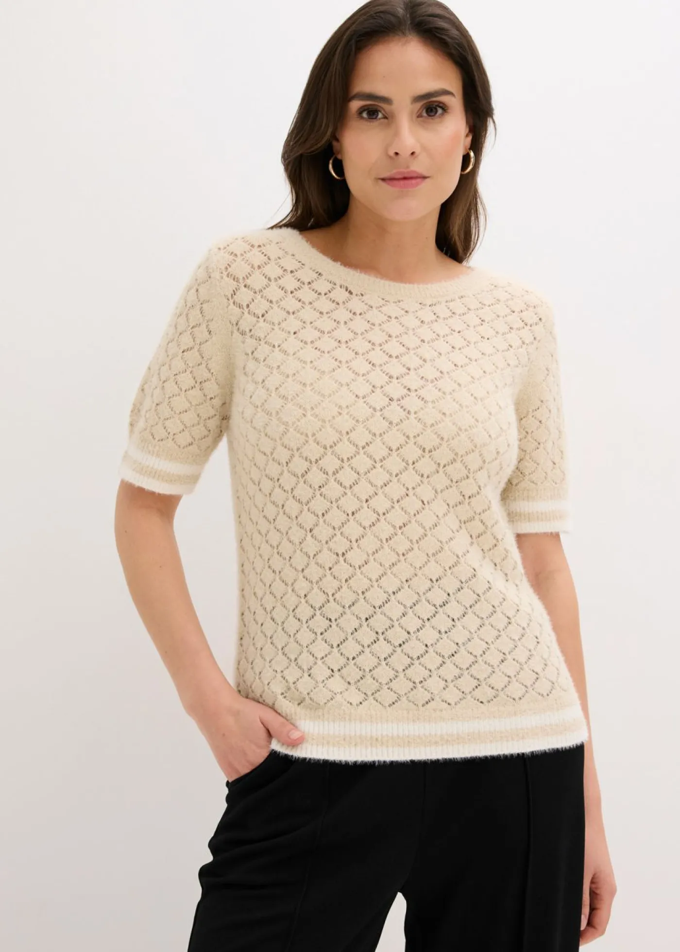 bonprix bonprix Jersey de punto ajour con hilo suave Arena claro-blanco lana Best