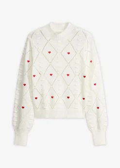 bonprix bonprix Jersey de punto ajour de mezcla de algodón Blanco lana-rojo estampado Online