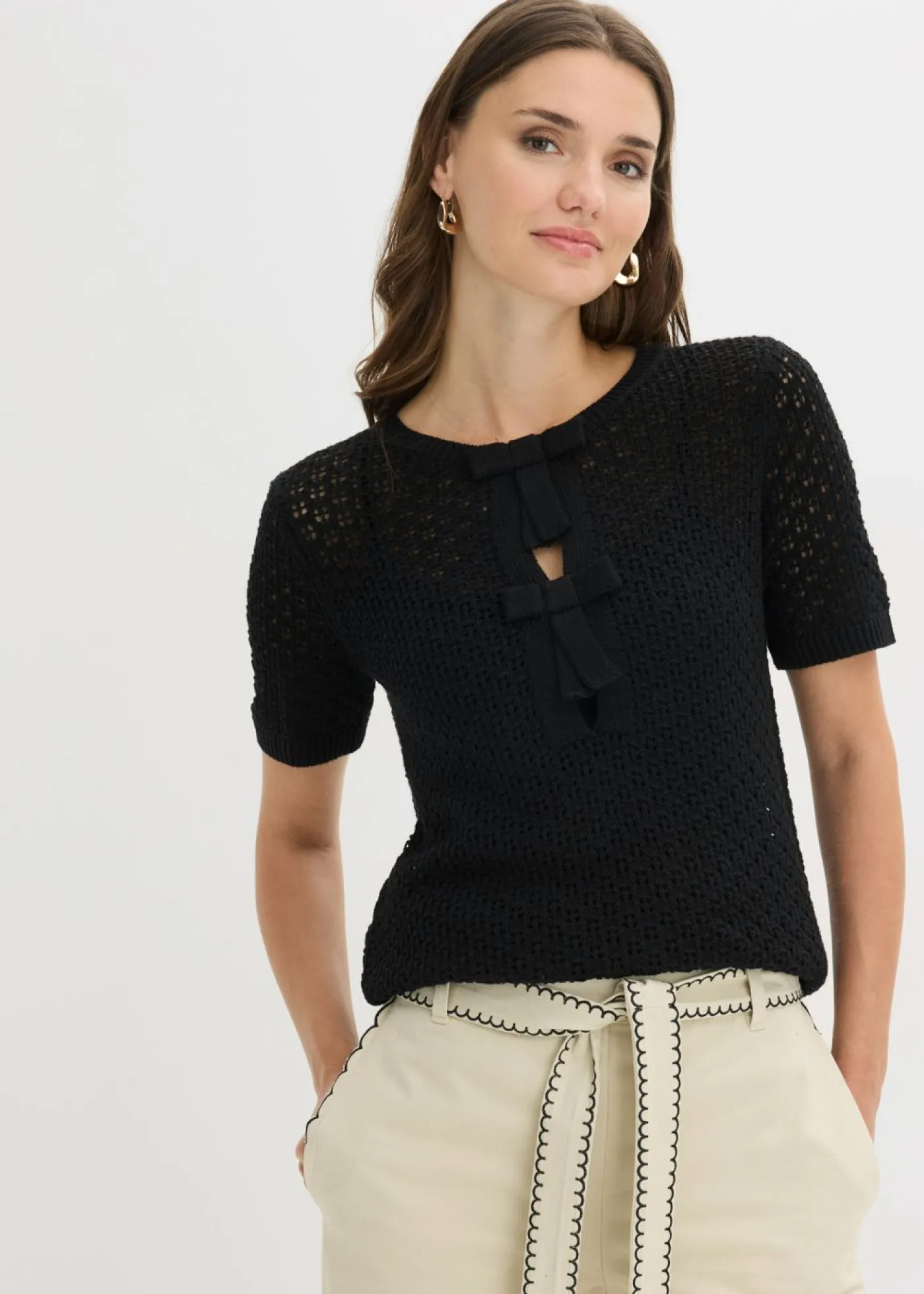 bonprix bonprix Jersey de punto ajour de mezcla de algodón Negro Discount