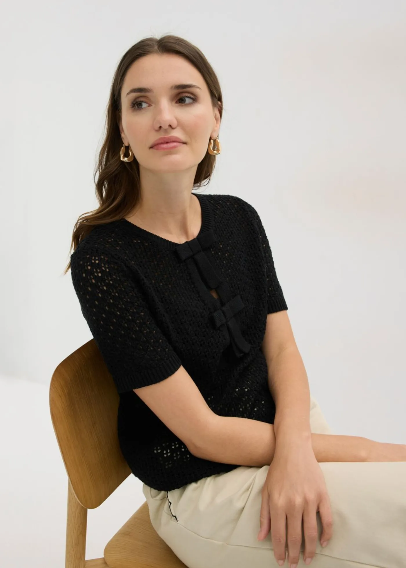 bonprix bonprix Jersey de punto ajour de mezcla de algodón Negro Discount