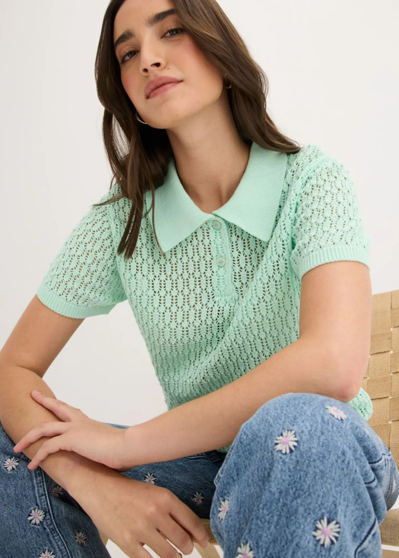 bonprix bonprix Jersey de punto ajour de algodón puro Menta claro