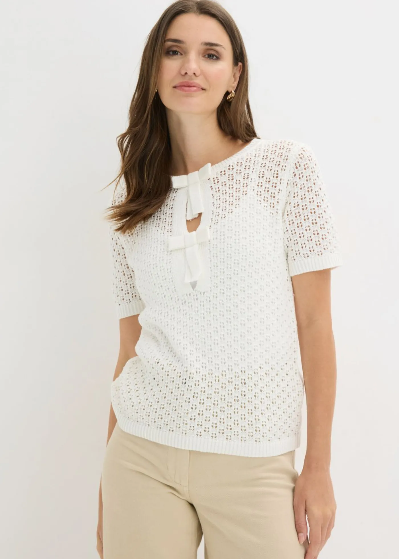 bonprix bonprix Jersey de punto ajour de mezcla de algodón Blanco lana Hot