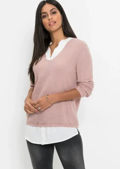 bonprix bonprix Jersey de punto fino con inserto de blusa Rosa-blanco Sale