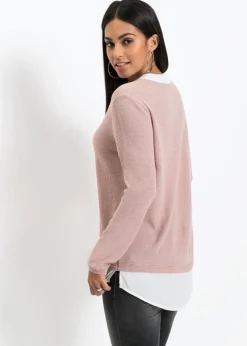 bonprix bonprix Jersey de punto fino con inserto de blusa Rosa-blanco Sale
