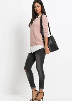 bonprix bonprix Jersey de punto fino con inserto de blusa Rosa-blanco Sale