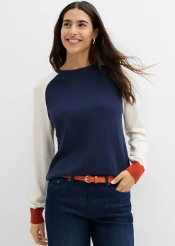 bonprix bonprix Jersey de punto fino con mangas raglán beige natural-azul marino-té rojo Discount