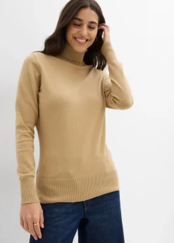 bonprix bonprix Jersey de punto fino con cuello alto Caqui claro Clearance
