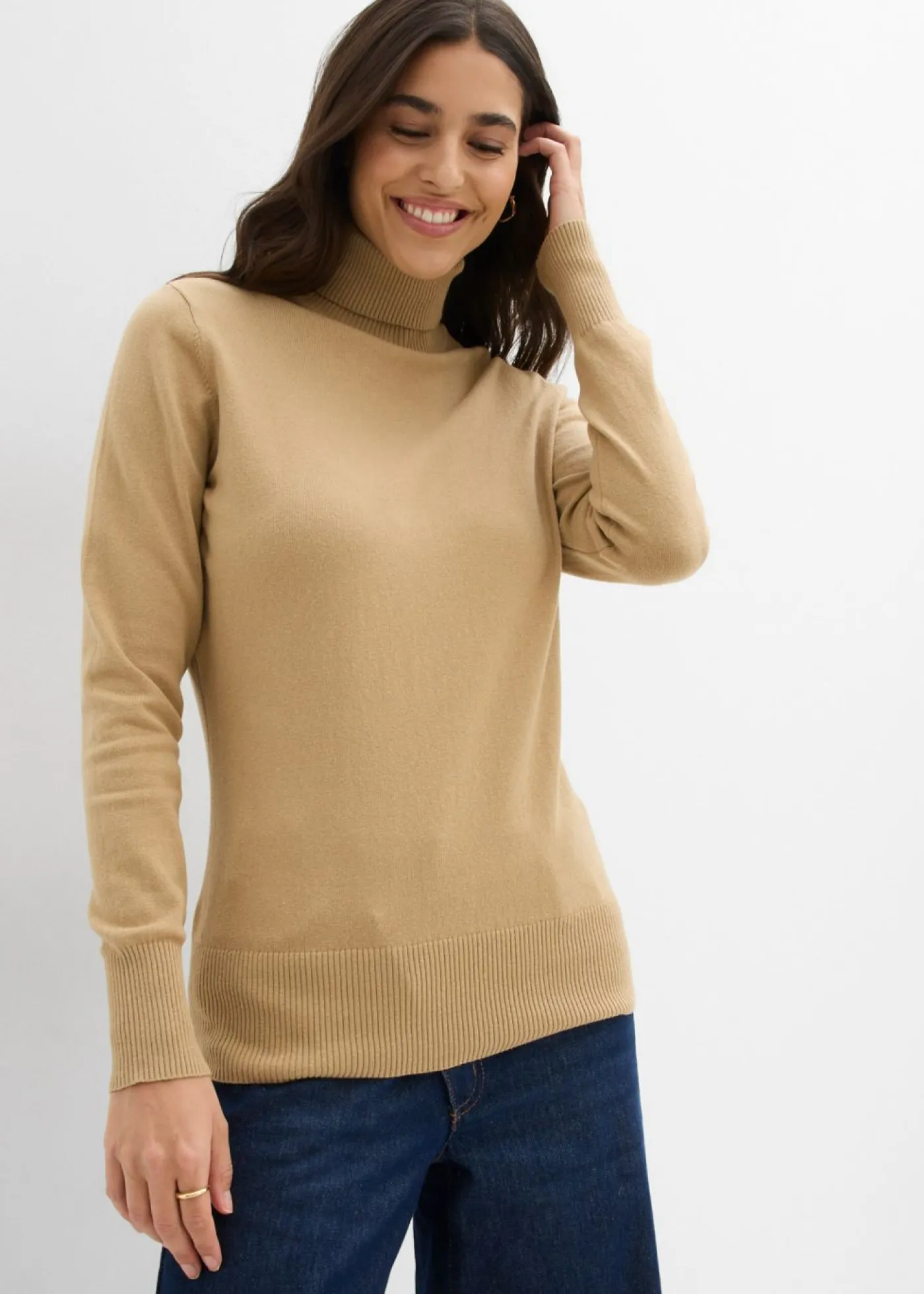 bonprix bonprix Jersey de punto fino con cuello alto Caqui claro Clearance