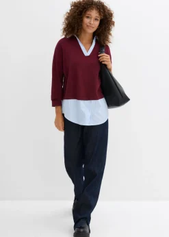 bonprix bonprix Jersey de punto fino con inserto de blusa rojo avellana Outlet