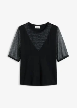 bonprix bonprix Jersey de punto fino con inserto de malla Negro Outlet