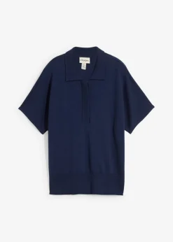 bonprix bonprix Jersey de punto fino con contenido de seda y cuello tipo polo Azul marino Clearance