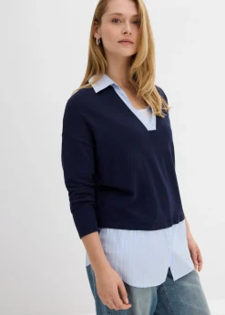 bonprix bonprix Jersey de punto fino con inserto de blusa Azul marino