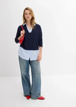 bonprix bonprix Jersey de punto fino con inserto de blusa Azul marino