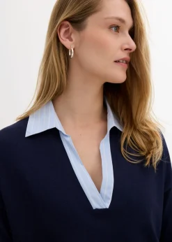 bonprix bonprix Jersey de punto fino con inserto de blusa Azul marino