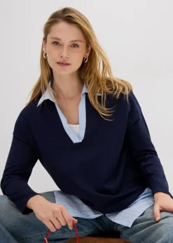 bonprix bonprix Jersey de punto fino con inserto de blusa Azul marino