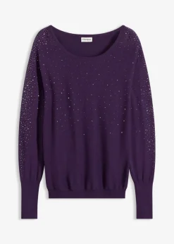 bonprix bonprix Jersey de punto fino con aplicación de piedras brillantes Lila oscuro Sale