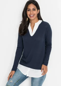 bonprix bonprix Jersey de punto fino con inserto de blusa Azul marino-blanco Best