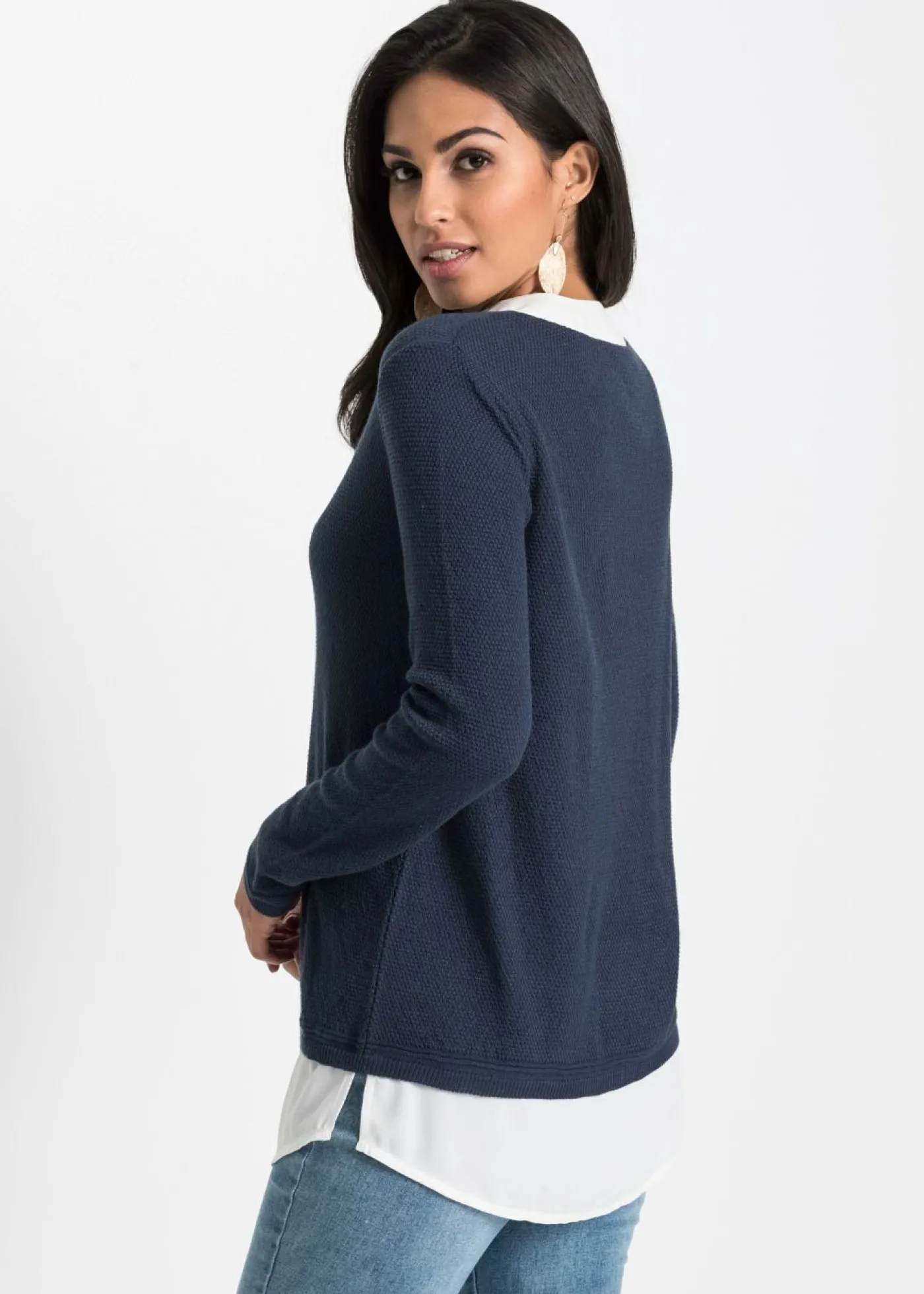 bonprix bonprix Jersey de punto fino con inserto de blusa Azul marino-blanco Best