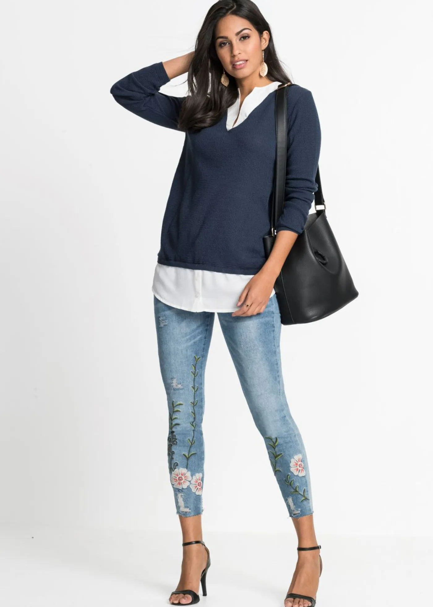 bonprix bonprix Jersey de punto fino con inserto de blusa Azul marino-blanco Best
