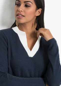 bonprix bonprix Jersey de punto fino con inserto de blusa Azul marino-blanco Best