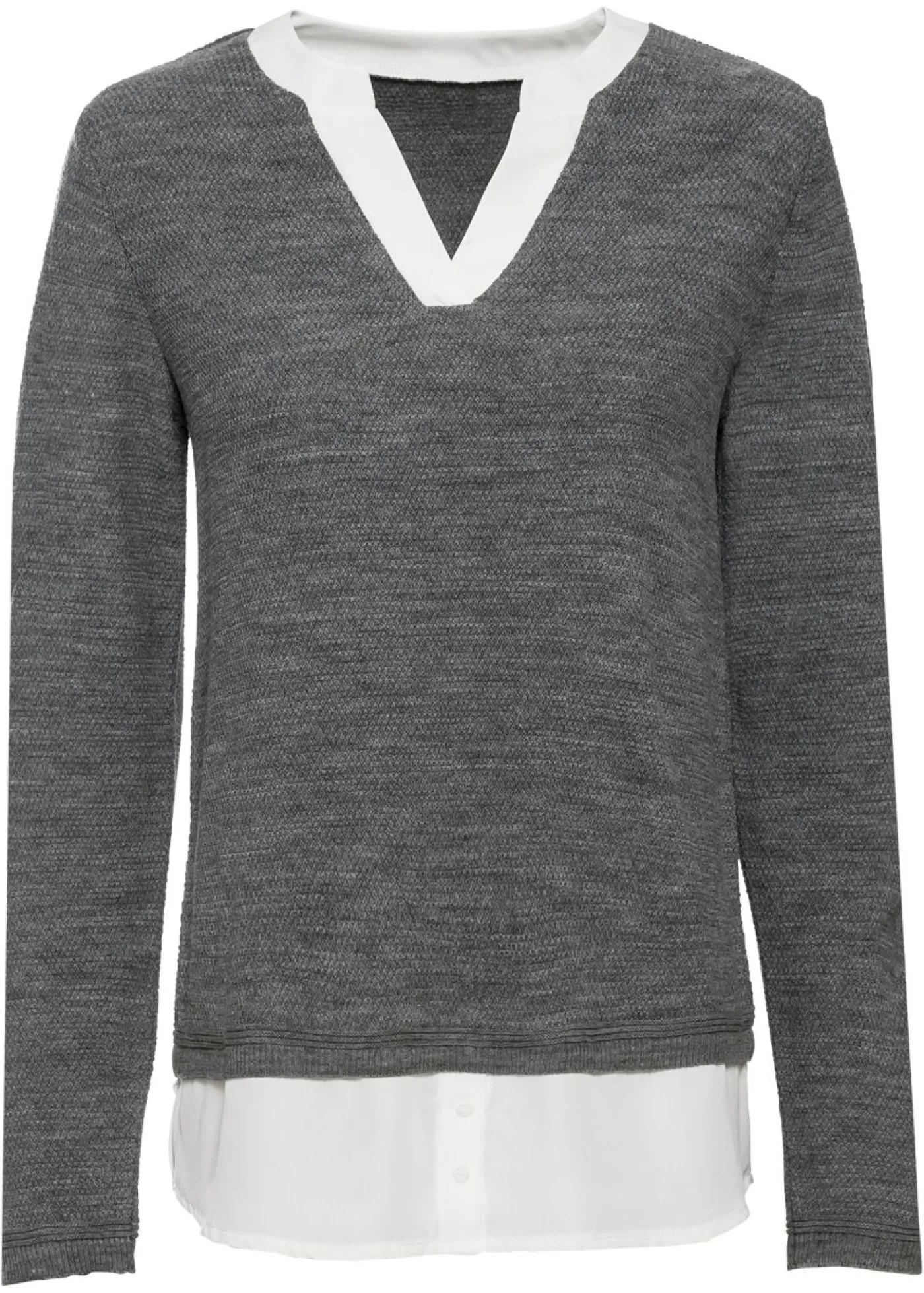 bonprix bonprix Jersey de punto fino con inserto de blusa Gris jaspeado-blanco New
