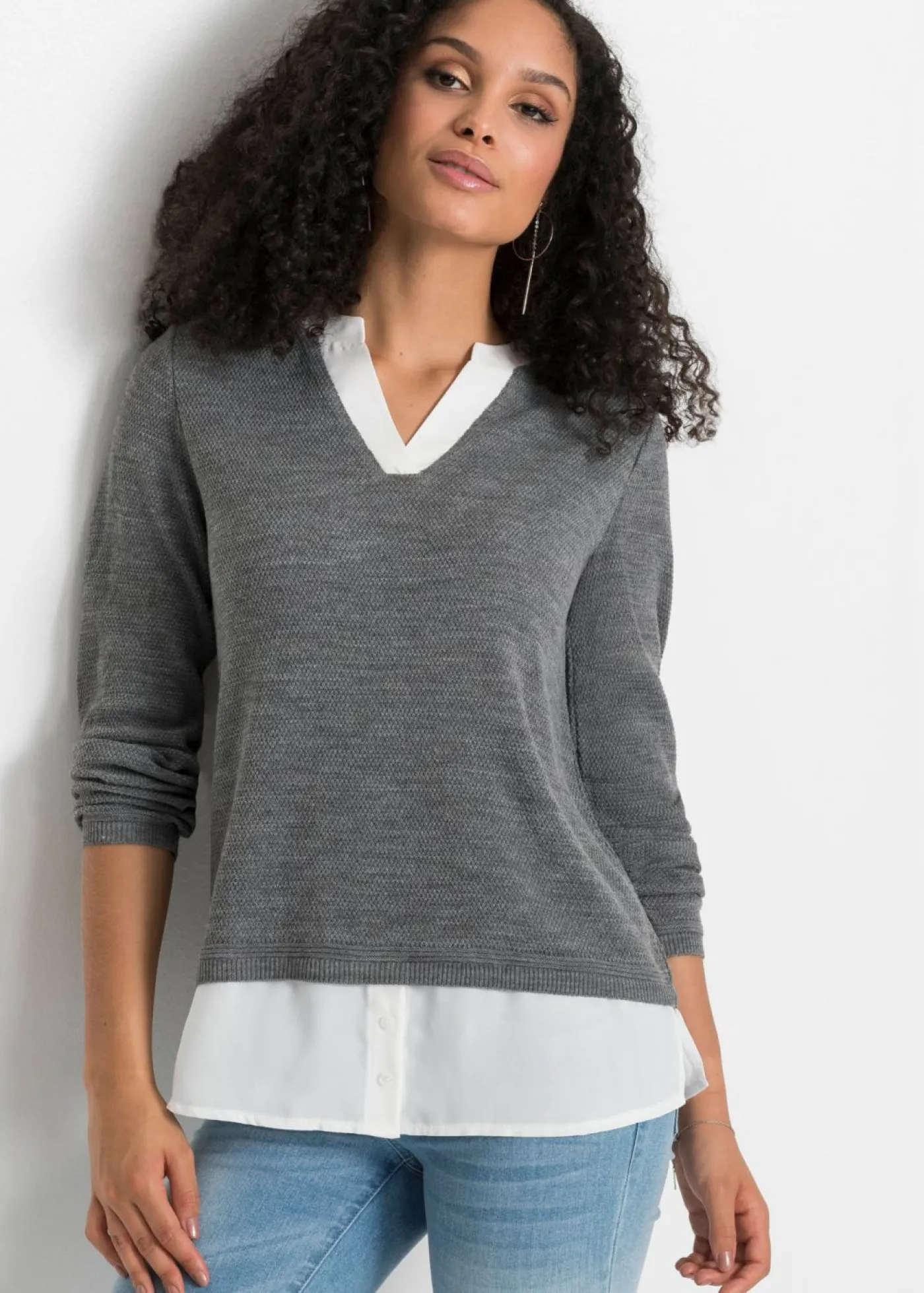 bonprix bonprix Jersey de punto fino con inserto de blusa Gris jaspeado-blanco New