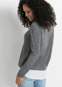 bonprix bonprix Jersey de punto fino con inserto de blusa Gris jaspeado-blanco New