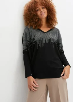 bonprix bonprix Jersey de punto fino con aplicación de piedras brillantes Negro Sale