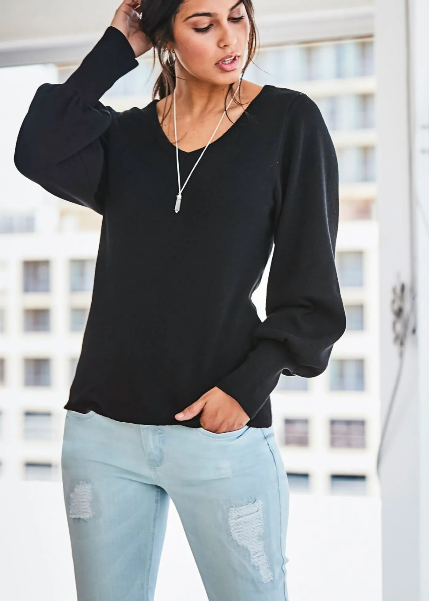 bonprix bonprix Jersey de punto fino con viscosa sostenible Negro Hot