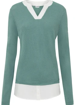 bonprix bonprix Jersey de punto fino con inserto de blusa Verde salvia ahumado/blanco New
