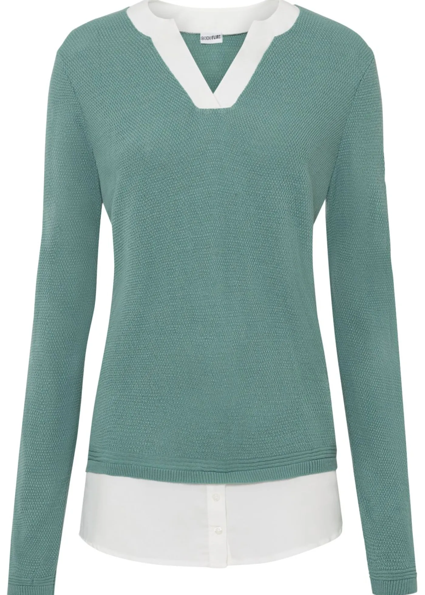 bonprix bonprix Jersey de punto fino con inserto de blusa Verde salvia ahumado/blanco New