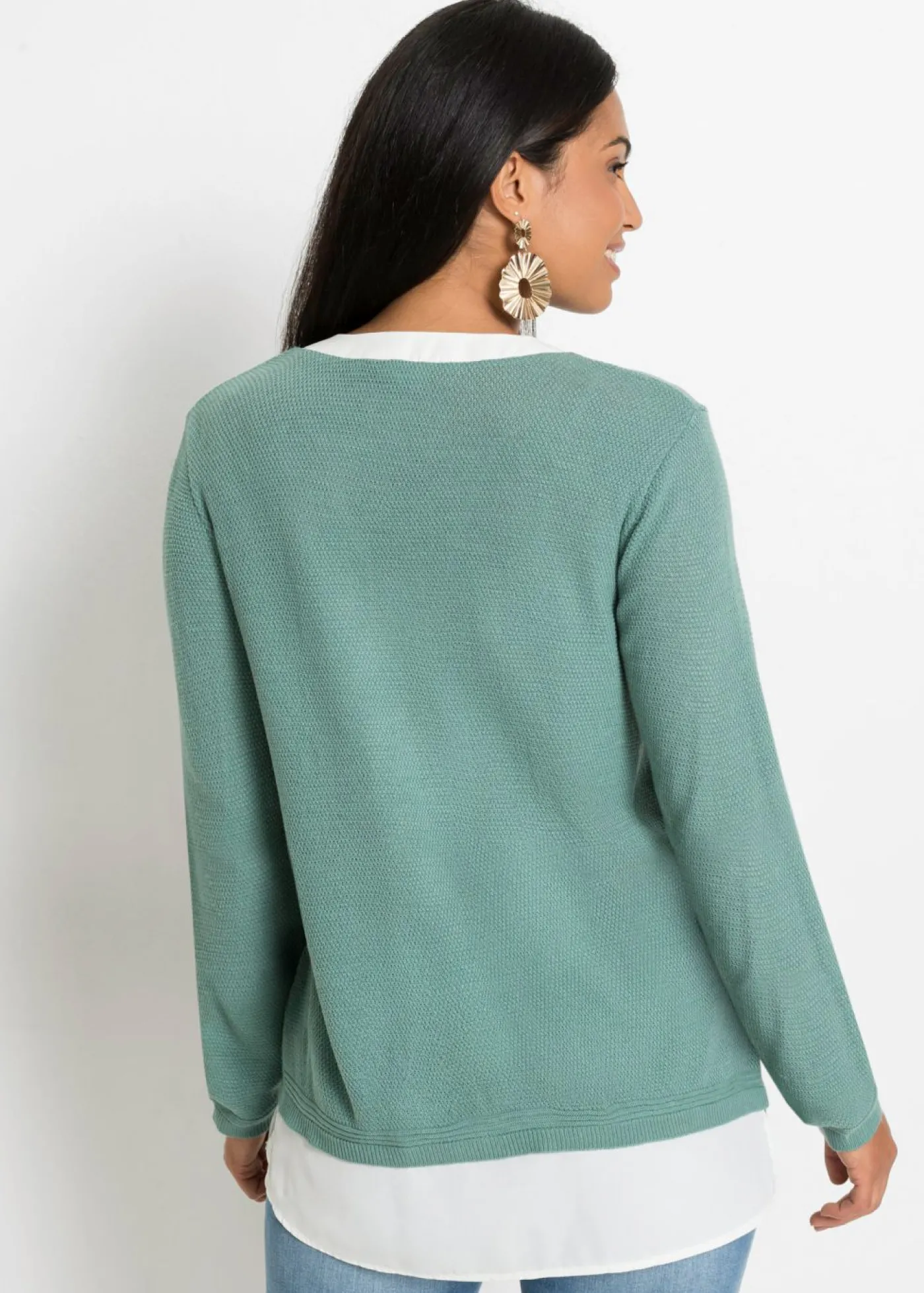 bonprix bonprix Jersey de punto fino con inserto de blusa Verde salvia ahumado/blanco New