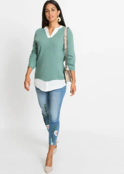 bonprix bonprix Jersey de punto fino con inserto de blusa Verde salvia ahumado/blanco New