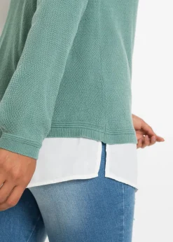 bonprix bonprix Jersey de punto fino con inserto de blusa Verde salvia ahumado/blanco New