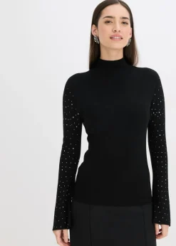bonprix bonprix Jersey de punto fino con mangas acampanadas decoradas Negro Sale