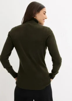 bonprix bonprix Jersey de punto fino con cuello alto Oliva oscuro Clearance