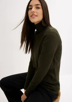 bonprix bonprix Jersey de punto fino con cuello alto Oliva oscuro Clearance