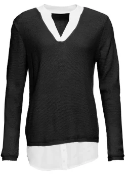 bonprix bonprix Jersey de punto fino con inserto de blusa Negro Sale