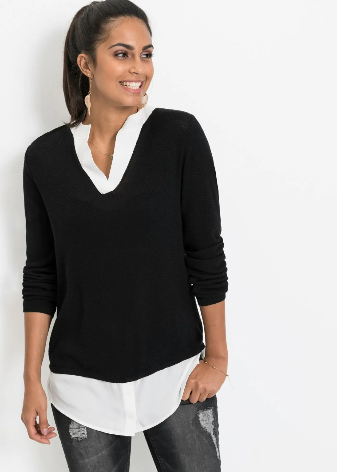 bonprix bonprix Jersey de punto fino con inserto de blusa Negro Sale