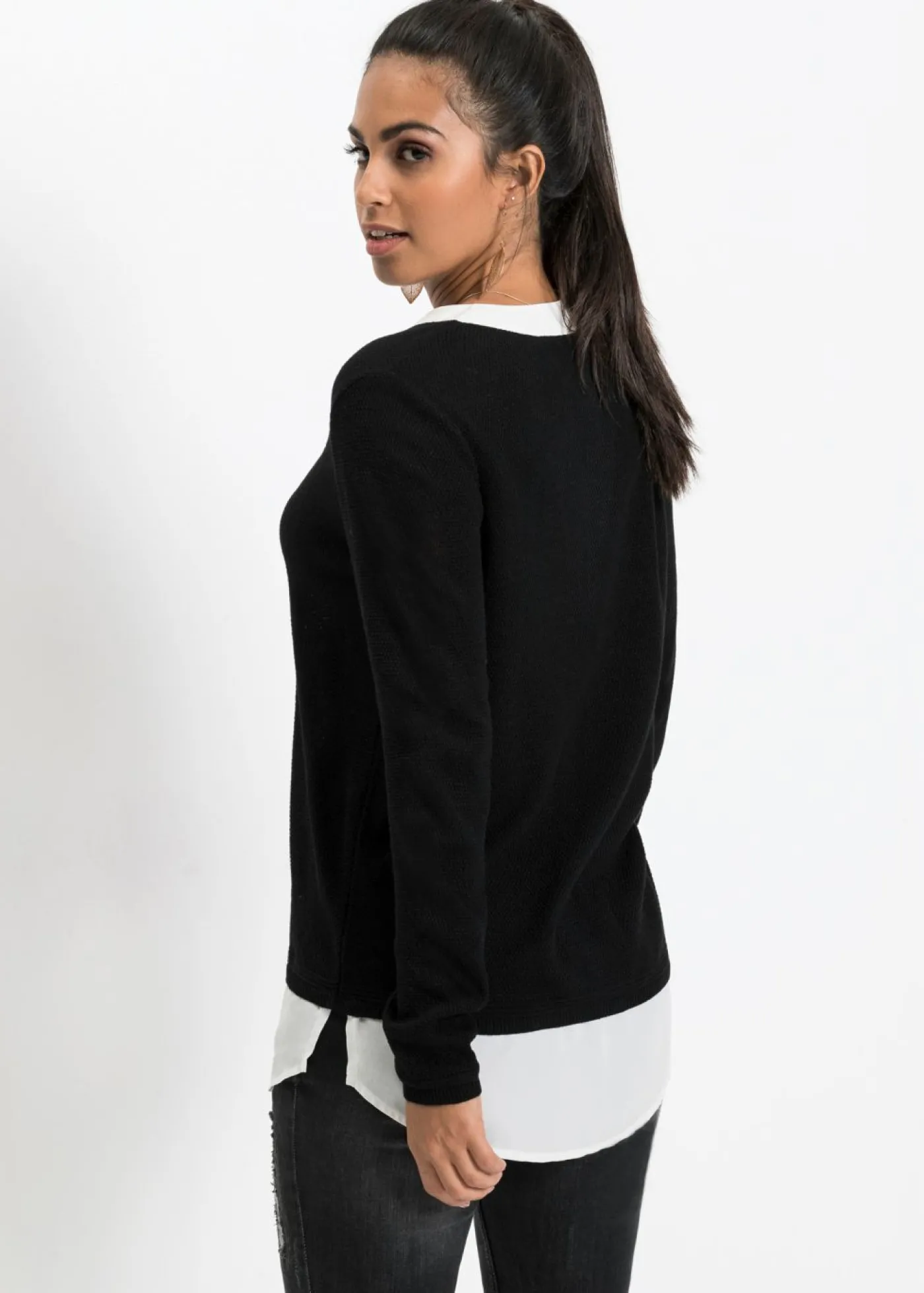 bonprix bonprix Jersey de punto fino con inserto de blusa Negro Sale