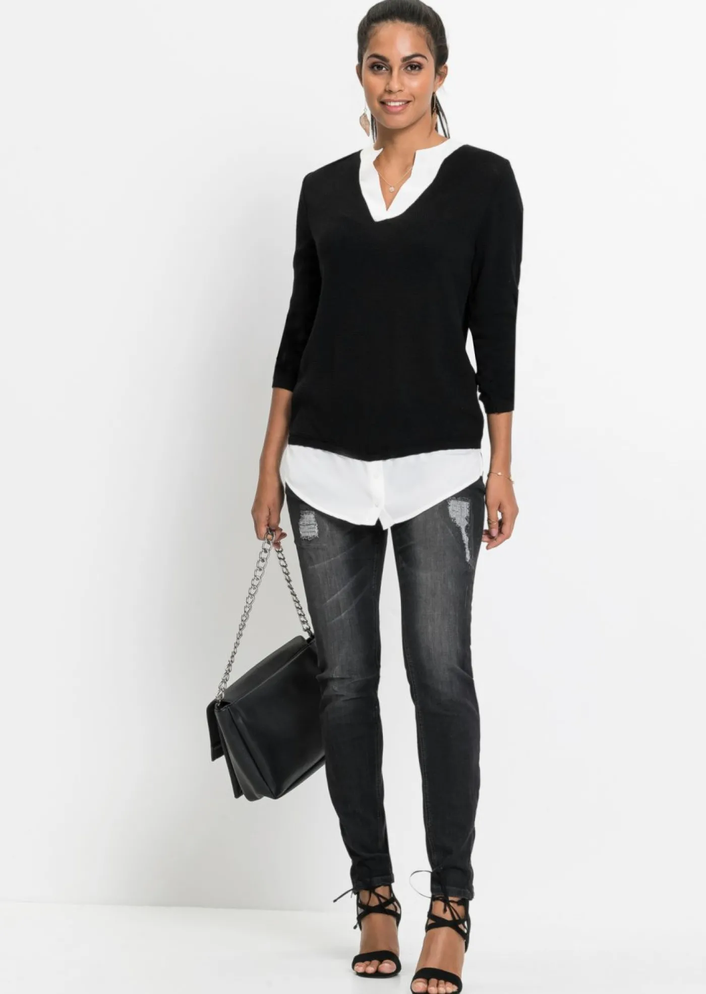 bonprix bonprix Jersey de punto fino con inserto de blusa Negro Sale