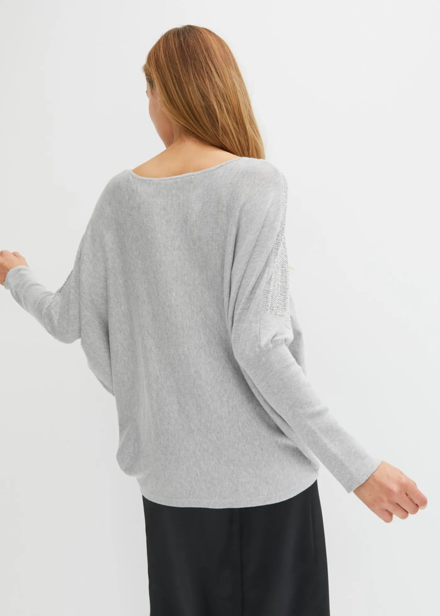 bonprix bonprix Jersey de punto fino con aplicación de piedras brillantes Gris claro jaspeado Outlet