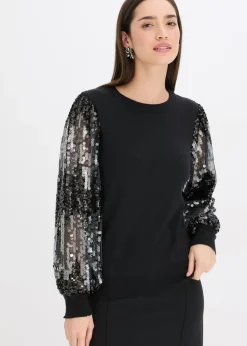 bonprix bonprix Jersey de punto fino con mangas de lentejuelas Negro Clearance
