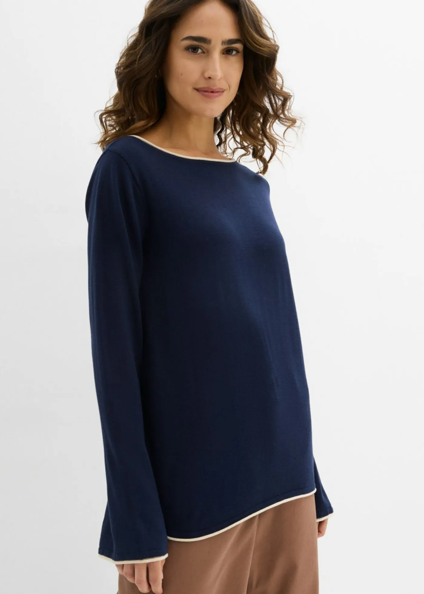 bonprix bonprix Jersey de punto fino de mezcla de algodón azul marino-arena claro Hot