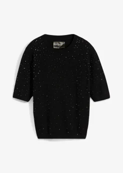 bonprix bonprix Jersey de punto fino de media manga con piedras brillantes Negro Discount