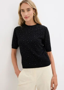 bonprix bonprix Jersey de punto fino de media manga con piedras brillantes Negro Discount
