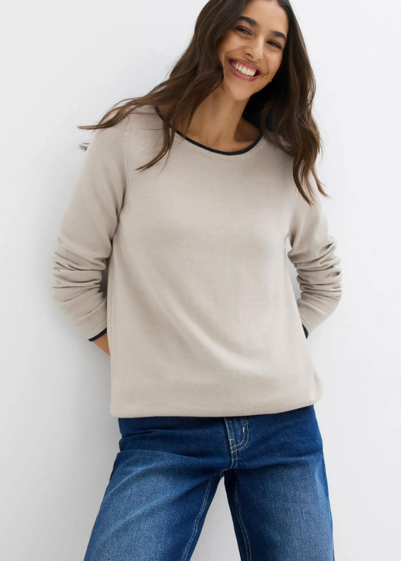 bonprix bonprix Jersey de punto fino de mezcla de algodón gris piedra-azul marino