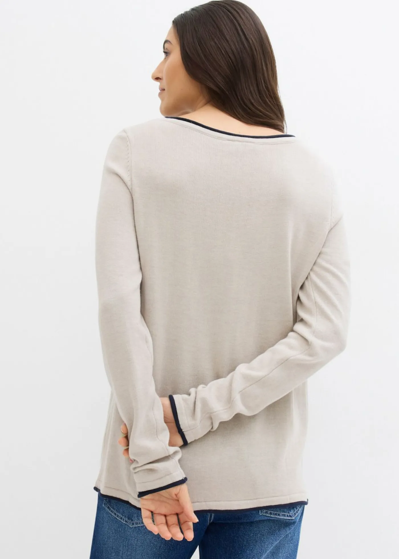 bonprix bonprix Jersey de punto fino de mezcla de algodón gris piedra-azul marino